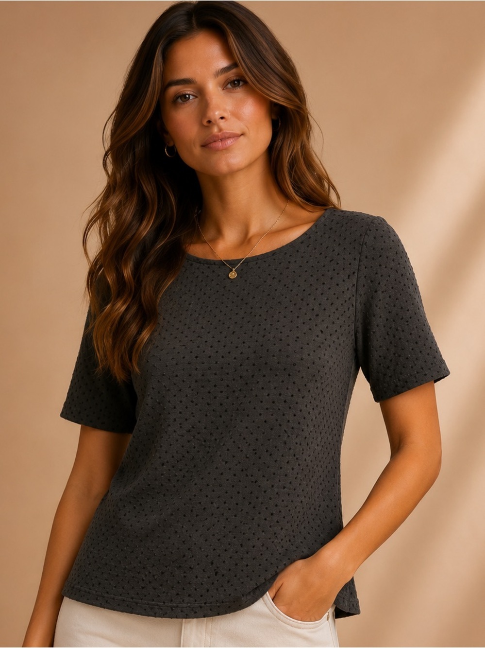 Ann Taylor Petite Gray Swiss Dot Top MP Corporate Blouse Work Top